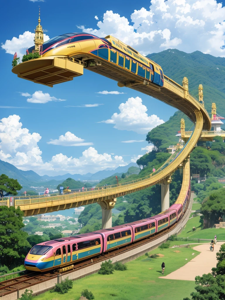 Generate an anime fantasy style monorail, anime style, golden monorail, the track of the monorail made of a floating giant snake