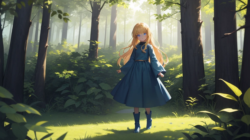 masterpiece, taller than,Very detailed, Absurd, witch, 8-year-old, girl,  alone, Blonde, Long Hair,  blue eyes, Blue Boots, Green clothes, Long sleeve,Have,in the forest, smile,Open your mouth,