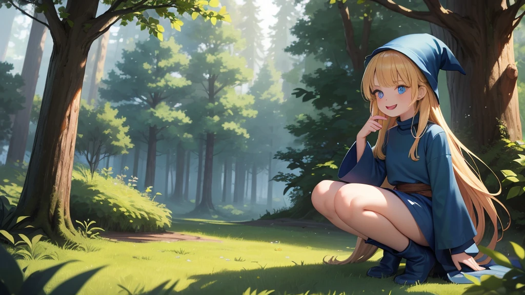 masterpiece, taller than,Very detailed, Absurd, witch, 8-year-old, girl, alone, Blonde, Long Hair, blue eyes, Blue Boots, Green clothes, Long sleeve,Have,in the forest, smile,Open your mouth,