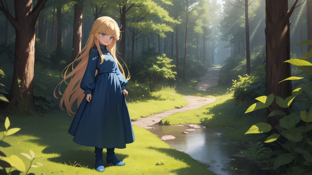 masterpiece, taller than,Very detailed, Absurd, witch, 8--old,rl,  alone, Blonde, Long Hair,  blue eyes, Blue Boots, Green clothes, Long sleeve,Have,in the forest, smile,Open your mouth,
