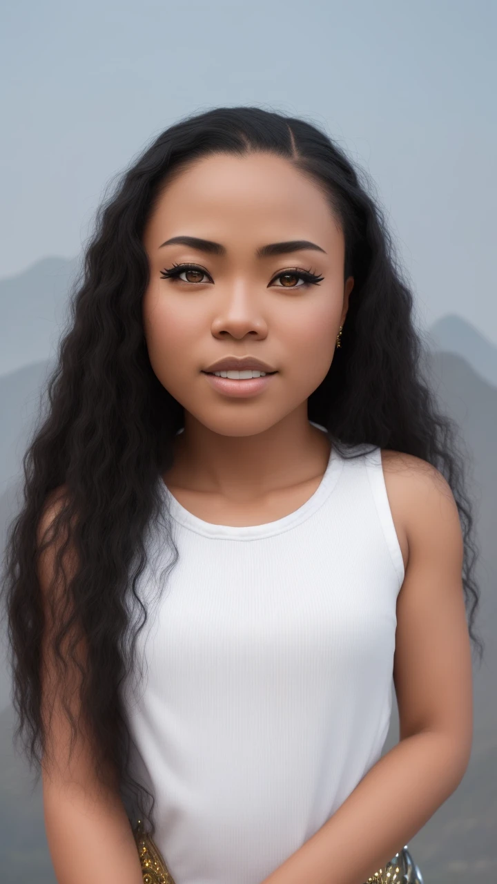 a strong mixed-raced chinese black female made out of sapphire, (Cyborg:1.1), , (Intricate details), hdr, (Intricate details, ultra - detailed:1.3), animated shot, Vignette, left Centered, sunset between mountains