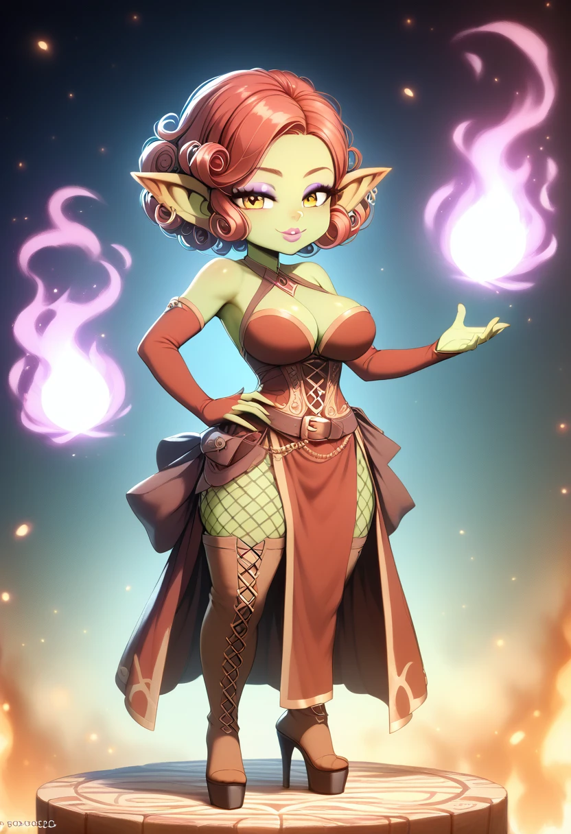 Girl, goblin girl, goblin, green skin, short, short stature, short hair, red hair, curly hair, large breasts, long gloves, thigh boots, pouty lips, masterpiece, best quality, sexy, dynamic pose, 8k, shortstack, sfw, shiny, fantasy, dungeons and dragons, high heels,  fishnets, holding, dark green skin, adventurer, slutty pose, sorcerer, sorceress, pyromancer, fire and ice, magic, fire and ice magic, long detailed slutty colorful dress, thigh pouch, very curly hair, lots of belts, curly hairstyle, lipstick, rosy cheeks, smile, eyeshadow, eye liner, belt on hip, magic, magic dress, very detailed, magic user, puffy lips, bright colors