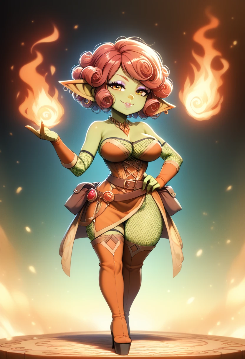 Girl, goblin girl, goblin, green skin, short, short stature, short hair, red hair, curly hair, large breasts, long gloves, thigh boots, pouty lips, masterpiece, best quality, sexy, dynamic pose, 8k, shortstack, sfw, shiny, fantasy, dungeons and dragons, high heels,  fishnets, holding, dark green skin, adventurer, slutty pose, sorcerer, sorceress, pyromancer, fire and ice, magic, fire and ice magic, long detailed slutty colorful dress, thigh pouch, very curly hair, lots of belts, curly hairstyle, lipstick, rosy cheeks, smile, eyeshadow, eye liner, belt on hip, magic, magic dress, very detailed, magic user, puffy lips, bright colors