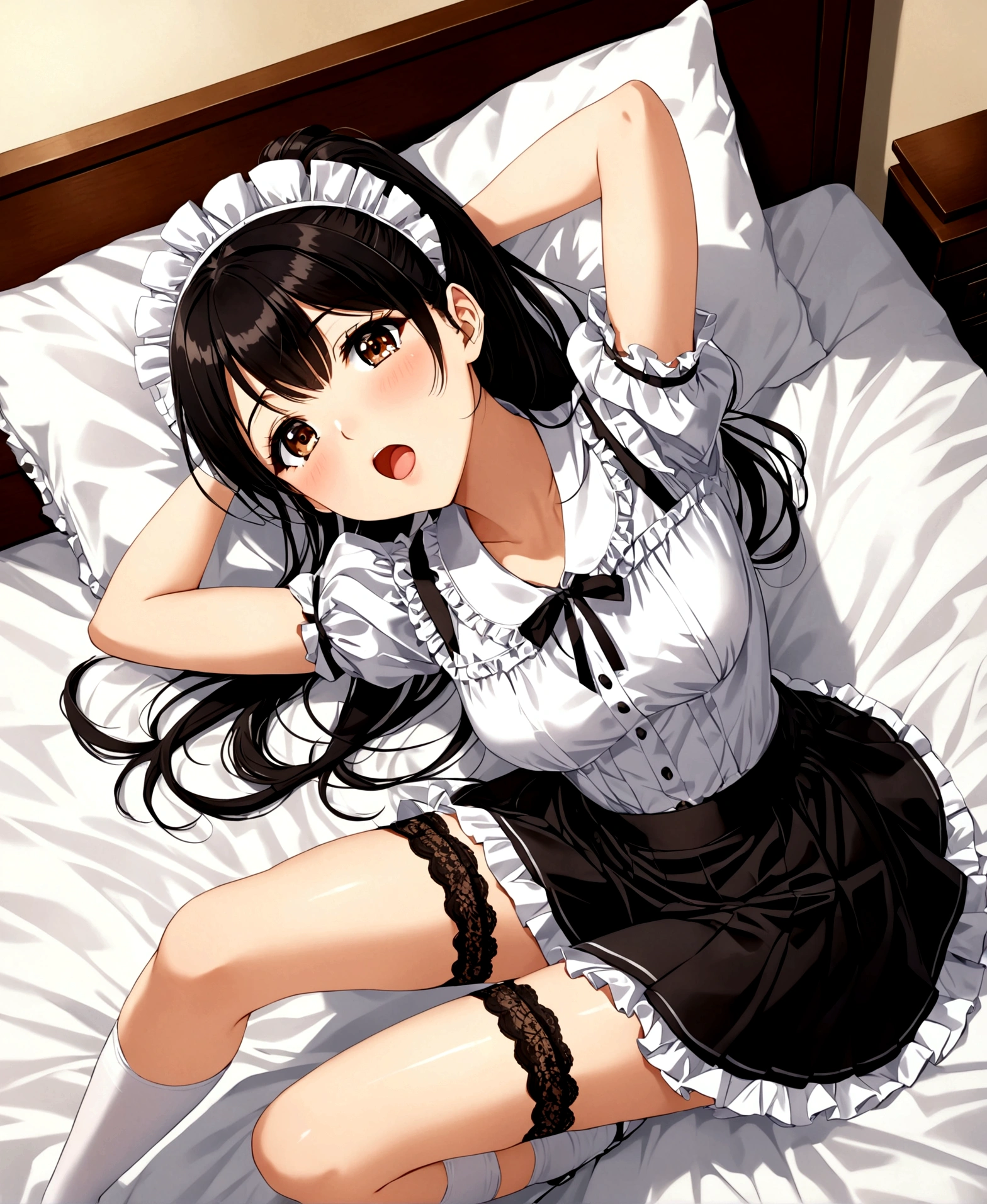 Flushed face, lying in bed yawning and squinting, head resting on the pillow, stretching arms lazily, bending legs, looking up towards the ceiling in the direction of the viewer, /(camera focus from the top plane), a beautiful 18-year-old woman, /(Long black hair straight In a ponytail and soft with a bun at the ends, light brown eyes, white skin,), /(Hourglass-shaped body, wide hips, small waist, shapely legs, big chest, small hands, thin fingers, Greek nose, almond-shaped eyes,), (Maid clothing: fitted blouse, pleated mini skirt with lace, platform booties, thigh-high stockings held up by garters,),