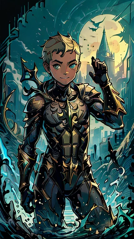 best quality,masterpiece,1boy,solo,(((13years old))),african boy,an extremely cute and handsome boy,highly detailed beautiful face and eyes,petit,cute face,lovely face,baby face,shy smile,show teeth, blonde hair, buzzcut hair,flat chest,dark skin,skinny,slender(((wearing a Aquaman costume,))),(((Heroic pose in Dark Midnight Fantasy style Gotham castle))),he is looking at the viewer,