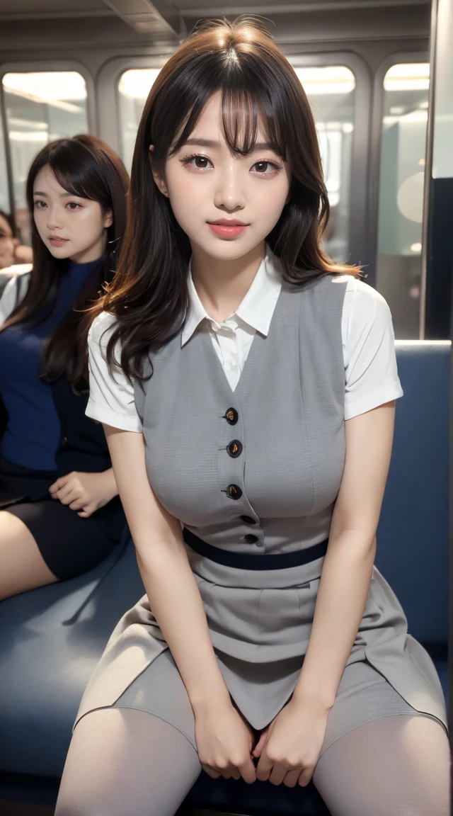 (((whole body,Includes legs)))、(((Office Lady、OL、Office Ladyー、A small smile、Grey tight vest)))、(((Horseshoe shaped hair band)))、sexy,formal ,High heels、Dress up、(Photo realistic:1.4)、(Surreal:1.4)、(Realistic:1.3)、 (Gentle lighting: 1.05)、(Improve the lighting quality of your videos:0.9)、32k、 One girl、25-year-old woman、Photorealistic Lighting、Backlight、Facial Light、Ray-tracing、(bright:1.2)、(Improvement of quality:1.4)、 (Highest quality real texture skins)、Beautiful Eyes,Delicate and elegant features、 (Tired, sleepy and satisfied : 0.0), Face close-up,Grey tight vest,tight gray blouse [Button gap :1.2],Very tight shirt ,((([See-through shirt:1.5]))), Grey midi skirt , ((Gray stockings)),(Improve your body line mood:1.1)、Shiny skin、Wavy Hair、Korean Idol、Nogizaka Idol、Sculptural idol pose、A small smile,blush,Beautiful actress、A proper woman,whole body, Large Breasts,(Perfect teeth alignment),narrow waist and hips,Beautiful long legs,(Full Shot)、((8 heads)、(((Tempting、Embarrassing)))、Random Dynamic Pause,(eye shadow),(Red cheeks、Red lips),(Very beautiful night view、at night)、blush,A small smile,(((Full Shot)))、(Spread your legs a little),(((On a crowded night train)))