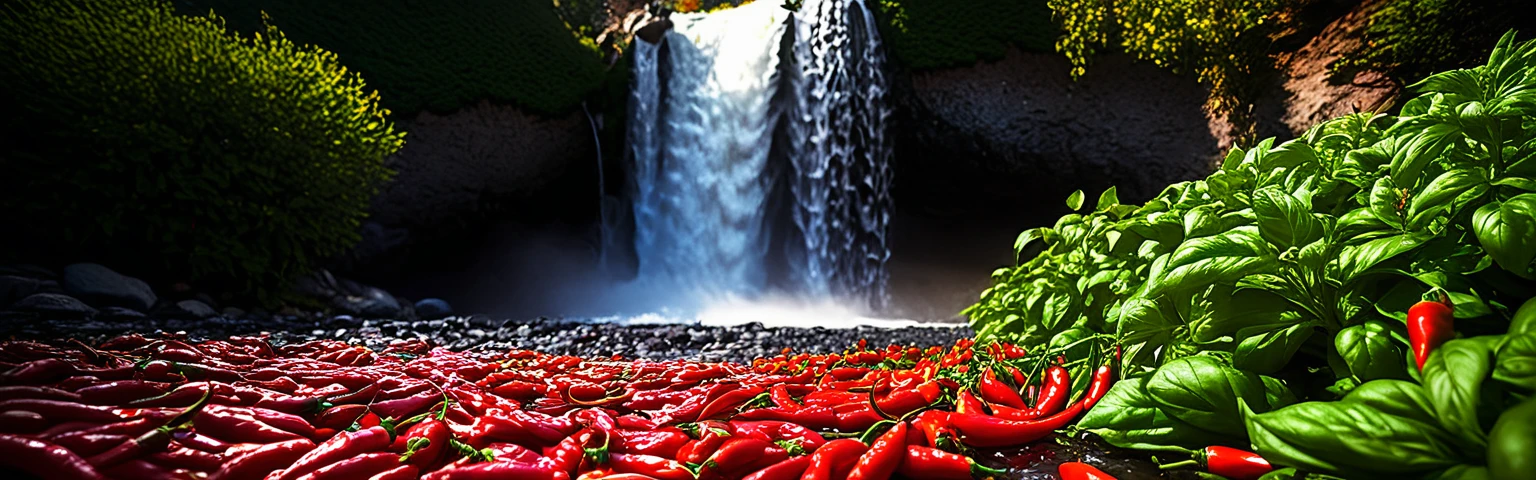 Realistic,Very realistic,Extreme Detail,Breathtakingly realistic,High contrast realism,High Saturation Realism,Vibrant colors, Chilis, Red peppers, basil, mt hood,waterfall,Dramatic lighting,Fascinating landscape,Persuasive storytelling,Atmospheric scenery,Captivating visuals,Intricate details,Strong emotions,Heavenly Beauty,A dreamlike world