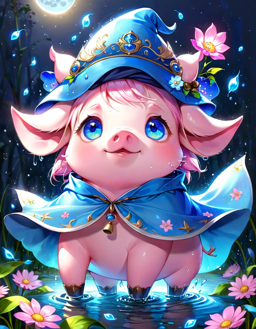absurdres, highres, ultra detailed, HDR, master piece, small pig, pink pig , expressive blue eyes, magical hat, cute, best quality, blue moon, flowers, fantasy, magical, solo, water, blue shining fireflies, blue petals, cape, the word "Krozseria" is written on his shirt