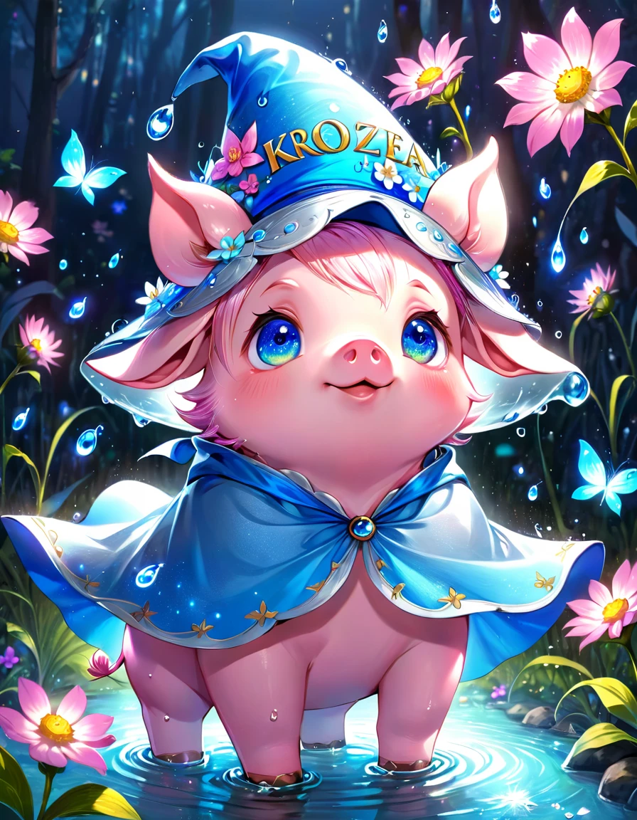 absurdres, highres, ultra detailed, HDR, master piece, small pig, pink pig , expressive blue eyes, magical hat, cute, best quality, blue moon, flowers, fantasy, magical, solo, water, blue shining fireflies, blue petals, cape, the word "Krozseria" is written on his shirt
