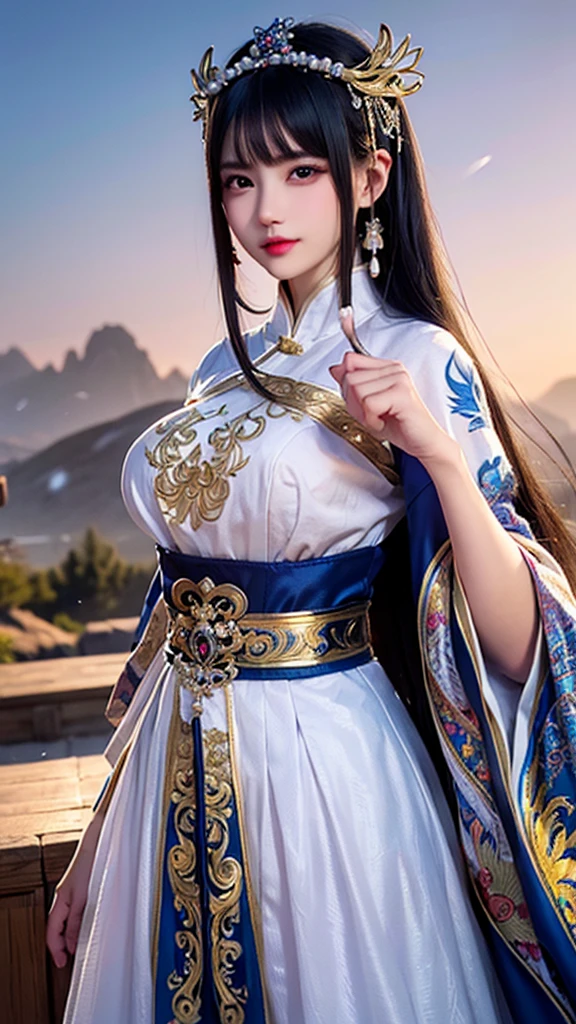 ((best quality, masterpiece meticulous eyes, sharp focus, bright colors, extreme details)), Upper Body, Eastern, Chinese (Medusa). image (Queen), Express (cold), 8K,, Chinese fantasy costumes (Oriental white long skirt), shawl, Waist Ribbon, headgear (ring), snow Mountain (Mountain), snow, Permanent, night,