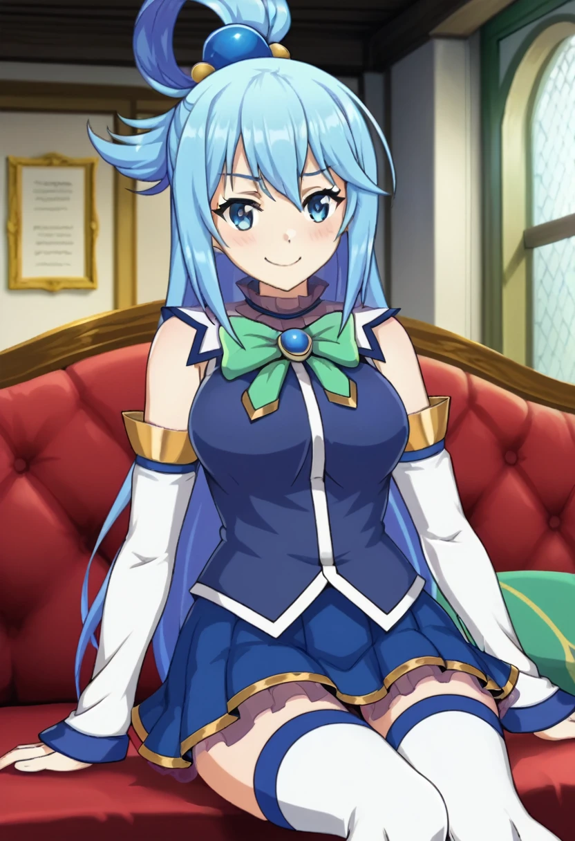 ore_9, score_8_up, score_7_up, score_6_up, BREAK source_anime,aqua /(konosuba/), long hair, blue eyes, hair ornament, very long hair, blue hair, hair rings, single hair ring, blue skirt, blue shirt, thighhighs, bare shoulders, detached sleeves, white thighhighs, green bow, blue boots BREAK 1girl, sitting on a red couch, detailed eyes, smile, anime screencap, cowboy shot, inside a mansion