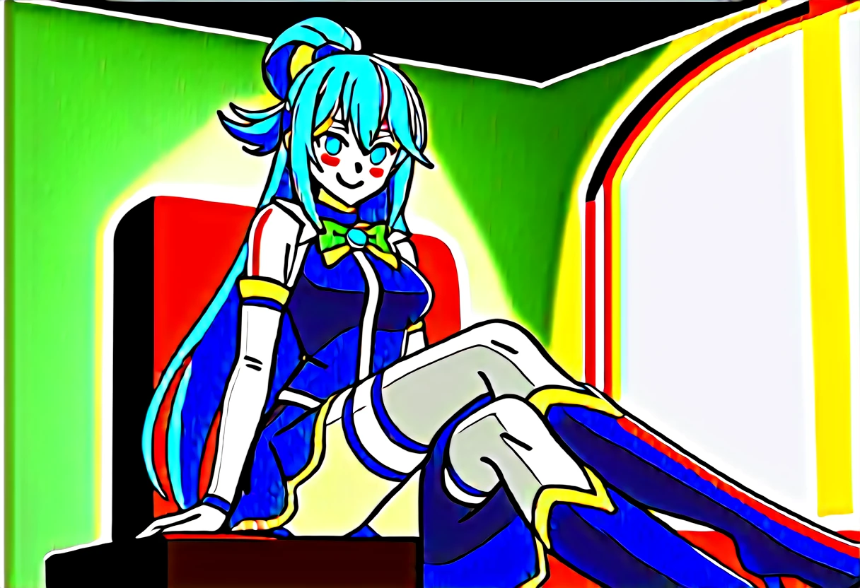 ore_9, score_8_up, score_7_up, score_6_up, BREAK source_anime,aqua /(konosuba/), long hair, blue eyes, hair ornament, very long hair, blue hair, hair rings, single hair ring, blue skirt, blue shirt, thighhighs, bare shoulders, detached sleeves, white thighhighs, green bow, blue boots BREAK 1girl, sitting on a red couch, detailed eyes, smile, anime screencap, cowboy shot, inside a mansion