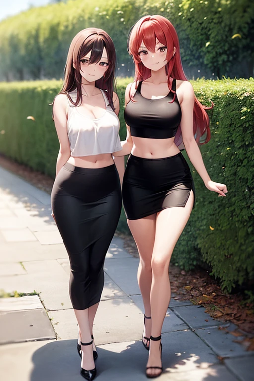 two women, tank top, crop top, tight midi pencil skirt black, long length pencil skirt, long hair, looking at viewer, full body, walking, smile, blush, garden, summer, leaves