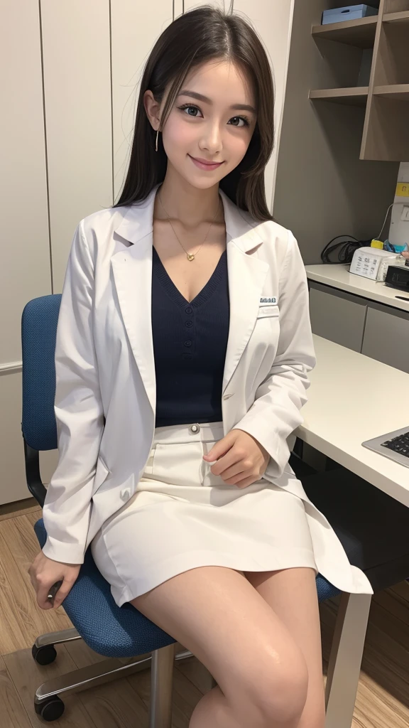Female doctor in white coat、1woman、Brightly colored clothing、Sit in a chair in the exam room、Wear a stethoscope、From  above、a hort-hair、tiny chest、Full Body Pose、(pureerosface_v1:0.8)、a small face、smile、A sexy,  Lower body,   Show thighs,    Big eyes, double eyelid, Cute perfect cheeks, 