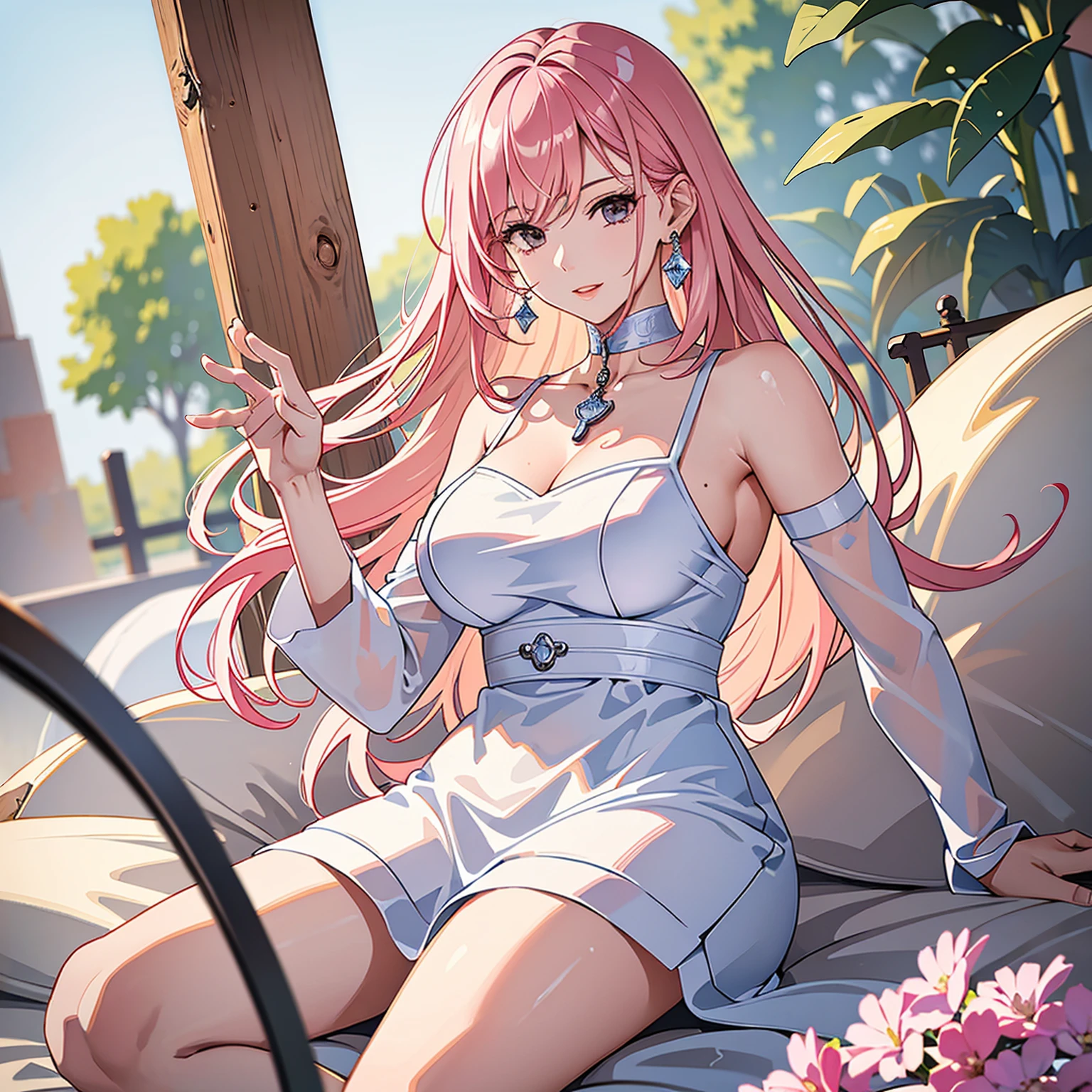 (masterpiece, high quality, best quality, 4k, 8k:1.4), 1girl, solo, pink hair, brown eyes, double-parted bangs, long hair, (mature female, mature:1.2), mole under eye, hoop earrings, strap white dress, detailed face, beautiful detailed eyes, beautiful detailed lips, extremely detailed face, long eyelashes, intricate details, soft lighting, soft color pallette, perfect anatomy