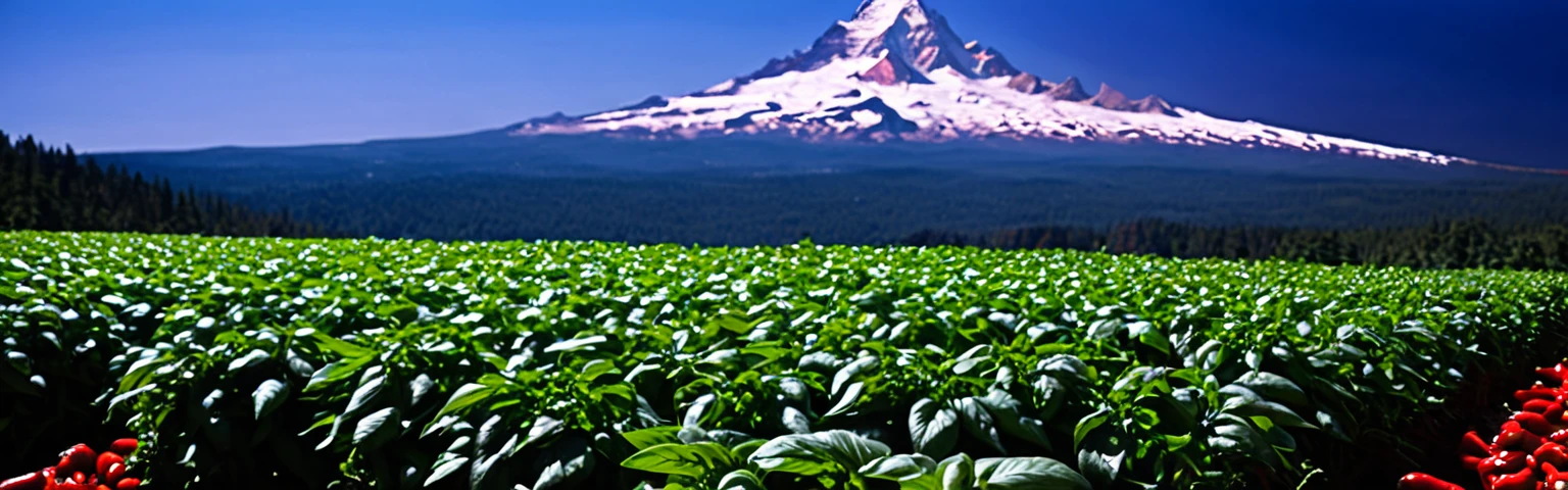 Realistic,Very realistic,Extreme Detail,Breathtakingly realistic,High contrast realism,High Saturation Realism,Vibrant colors, Chilis, Red peppers, basil, mt hood,Dramatic lighting,Fascinating landscape,Persuasive storytelling,Atmospheric scenery,Captivating visuals,Intricate details,Strong emotions,Heavenly Beauty,A dreamlike world