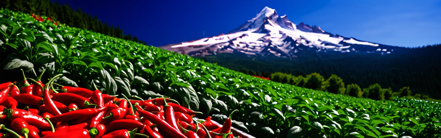 Realistic,Very realistic,Extreme Detail,Breathtakingly realistic,High contrast realism,High Saturation Realism,Vibrant colors, Chilis, Red peppers, basil, mt hood,Dramatic lighting,Fascinating landscape,Persuasive storytelling,Atmospheric scenery,Captivating visuals,Intricate details,Strong emotions,Heavenly Beauty,A dreamlike world