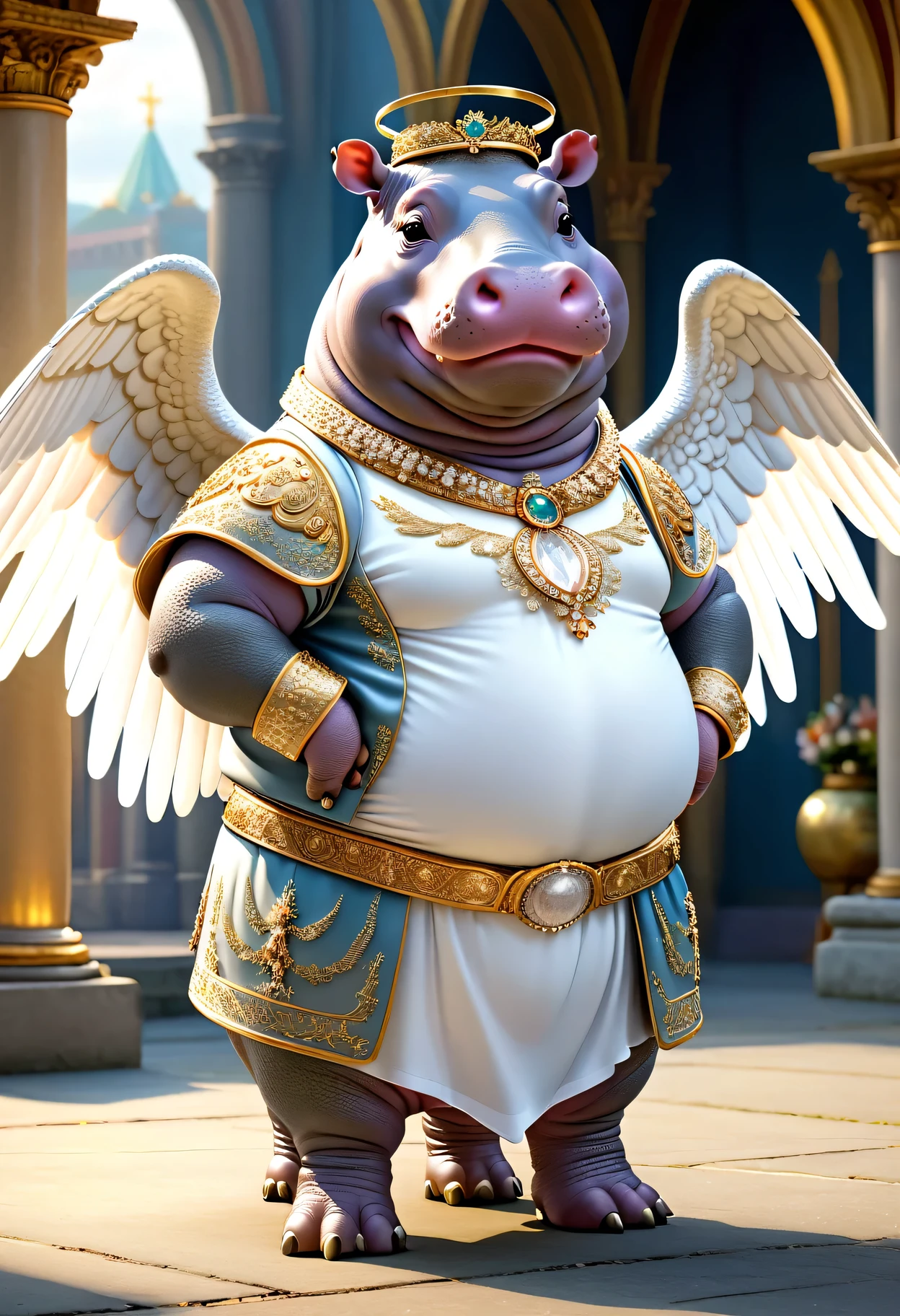 photorealistic portrait of Dressed animals-a ((fat)) ((hippo)) angel,(furry), (elegant pose:1.5), (hands on hips:1.5),(smile:1.5),high quality,(angel wings),(lovely) ,intricate details, Wearing angel clothes , (angel's ring above head), highly detailed ((angel wings)) ,highly detailed decorations of clothes, angel boots , (happy), soft lighting,(full body image:2.0),holy temple background,clouds,score_9, score_8_up, score_7_up, score_6_up, score_5_up, score_4_up,