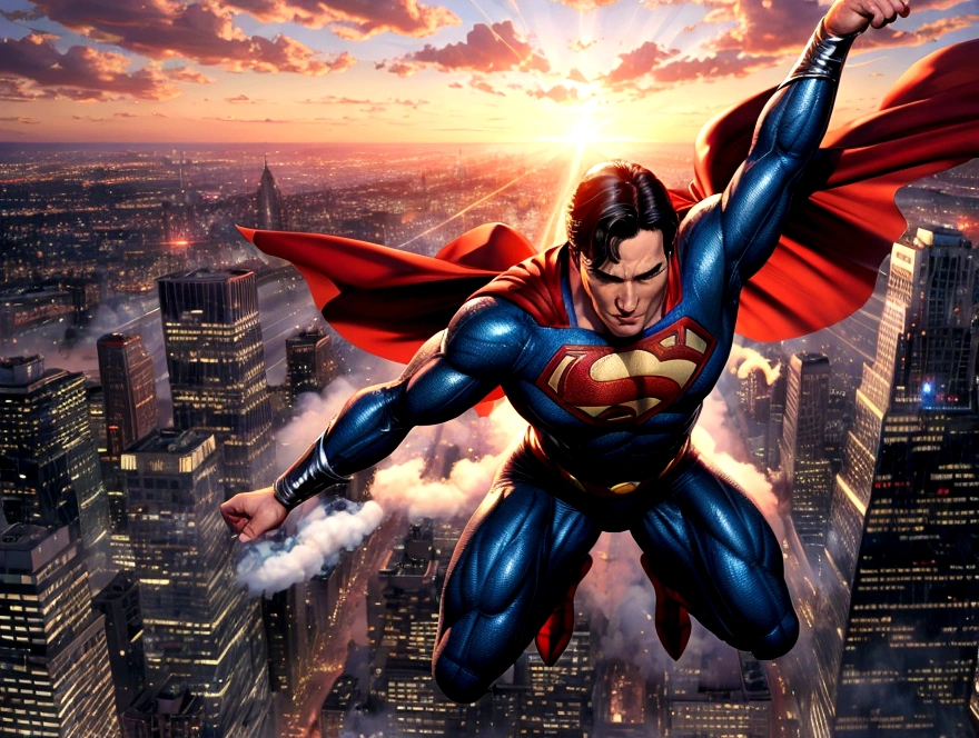 (highres, realistic:1.37), Superman flying over a bustling city, vibrant colors, detailed cityscape, detailed clouds, strong backlighting, heroic pose, cape fluttering in the wind, iconic "S" logo, tall skyscrapers, busy streets, moving vehicles, shiny glass windows, transparent buildings, futuristic architecture, people looking up in awe, dynamic composition, powerful energy radiating from Superman, intense focus on Superman's face, determined expression, confident stance, billowing smoke, realistic textures, shadows and highlights emphasizing depth, realistic city lights, dramatic sunset sky, cinematic feel, iconic superhero