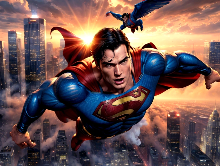 (highres, realistic:1.37), Superman flying over a bustling city, vibrant colors, detailed cityscape, detailed clouds, strong backlighting, heroic pose, cape fluttering in the wind, iconic "S" logo, tall skyscrapers, busy streets, moving vehicles, shiny glass windows, transparent buildings, futuristic architecture, people looking up in awe, dynamic composition, powerful energy radiating from Superman, intense focus on Superman's face, determined expression, confident stance, billowing smoke, realistic textures, shadows and highlights emphasizing depth, realistic city lights, dramatic sunset sky, cinematic feel, iconic superhero