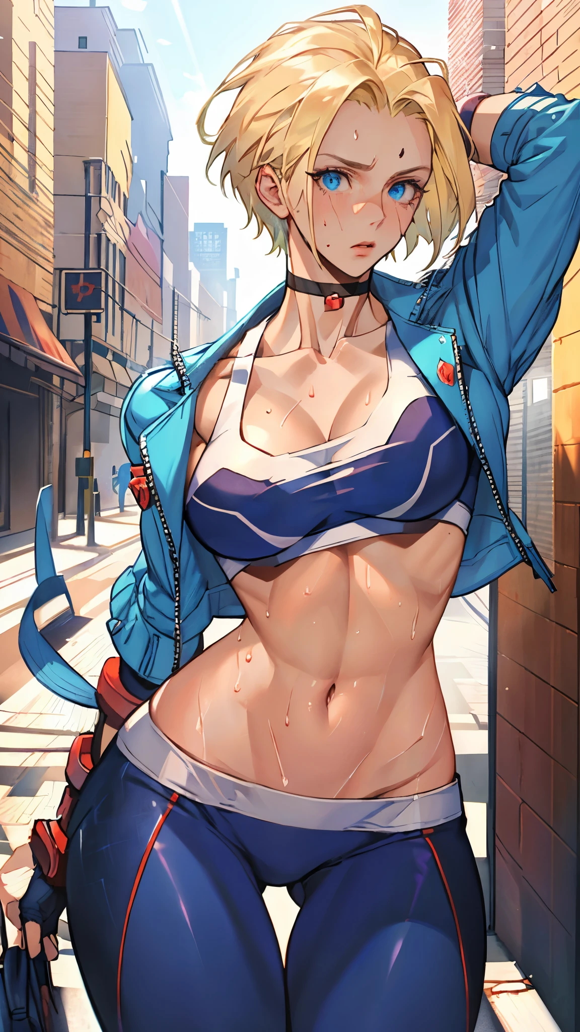((((masterpiece, best quality, high resolution)))), Extremely detailed 8K, 1 female, (Cammy White) wearing her Cammy White outfit, (Ultra HD, Ultra-detailed, Highly detailed, Highly realistic, Ultra-realistic, photograph realistic), (1girl:1.5), (Realistic short blond hair), (dynamic poses), facing at camera, looking at viewer, (a serious focus face), (regular blue eyes, sharp eyes), (perky breasts:1.2), (beautiful detailed face, beautiful detailed eyes), ((slightly sweating)), (preparing for a workout), sweat, glow, (sunbeam, sunlight), ((cowboy shot)), streets background, seductive, EnvyBetterHands LoCon,