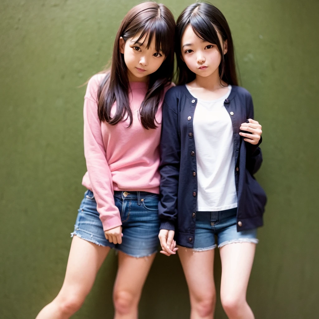 Two girls in short casual clothes hugging 