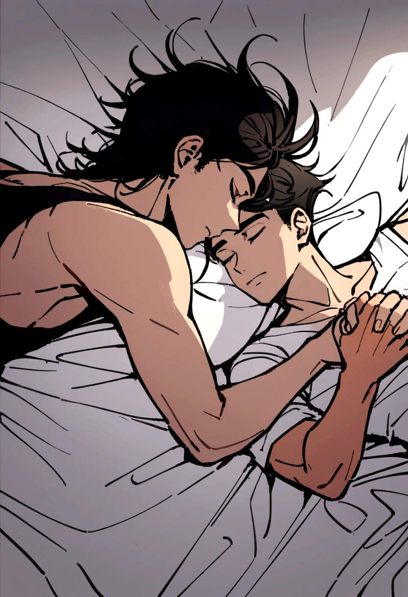 Two men lying on a bed and holding hands one is a slim toned Japanese guy in black tank top and the other Mexican guy in white tank top and stocky asleep in a bed with white sheets romantic sweet love
