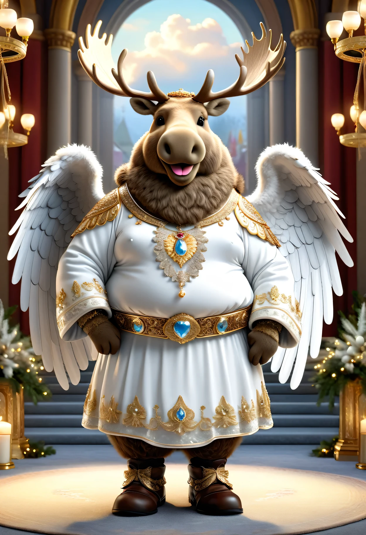 photorealistic portrait of Dressed animals-a ((fat)) ((moose)) angel,(furry), (elegant pose:1.5), (hands on hips:1.5),(smile:1.5),high quality,(angel wings),(lovely) ,intricate details, Wearing angel clothes , (angel's ring above head), highly detailed ((angel wings)) ,highly detailed decorations of clothes, angel boots , (happy), soft lighting,(full body image:2.0),holy temple background,clouds,score_9, score_8_up, score_7_up, score_6_up, score_5_up, score_4_up,