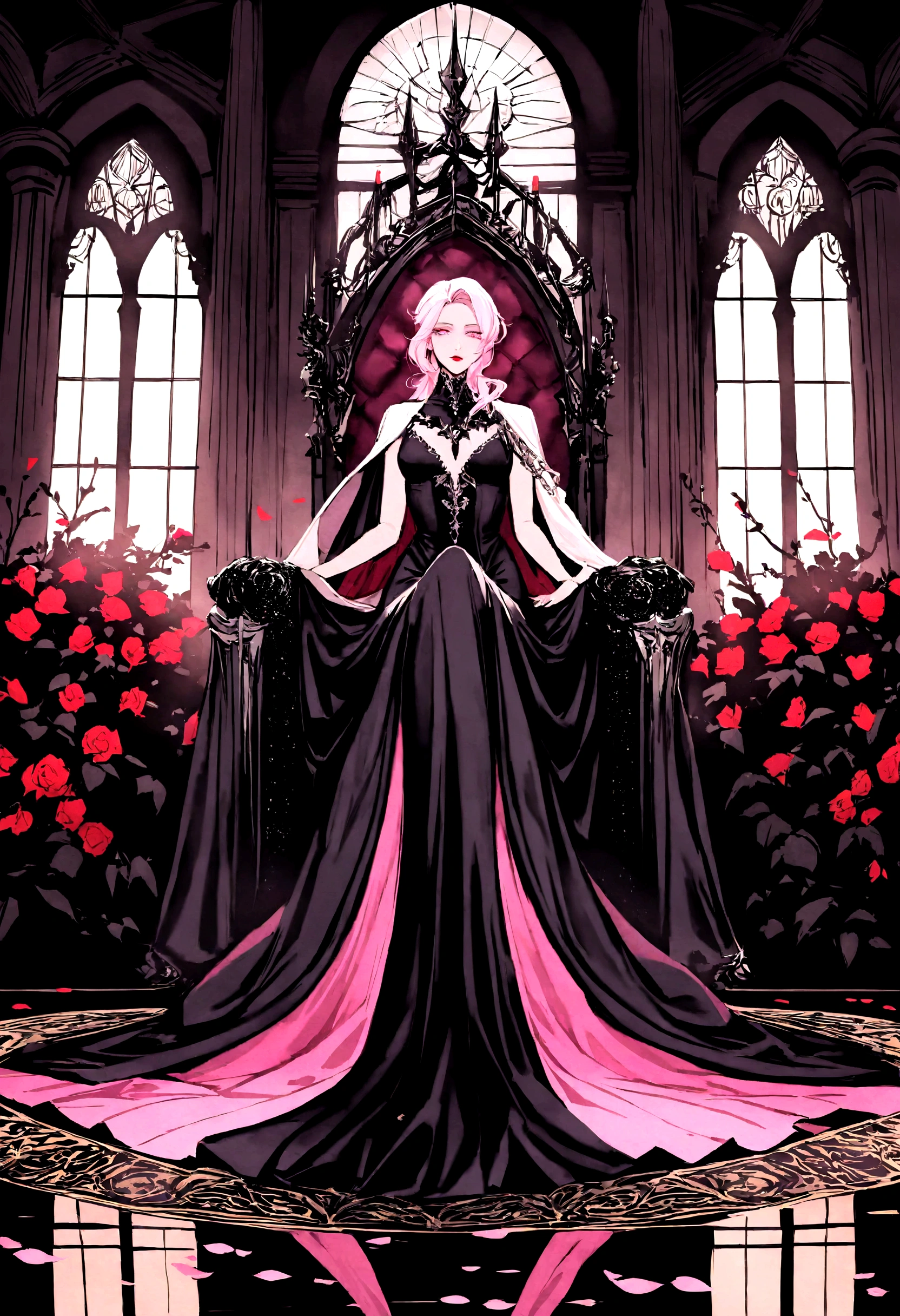 She is in the main hall of the palace, sitting with a majestic posture on her ebony throne. Your hair is a vibrant pink, like rose petals in full bloom, falling in gentle waves over your shoulders and back.Your eyes are the same shade of pink, glowing with a mysterious glow that captures the soft light that streams in through the hall&#39;s tall windows. Your skin is pale and flawless, contrasting with the dark throne and the fine fabrics that surround it.She wears a long black silk dress, which molds perfectly to your slender curves and subtly reveals your slender and attractive figure. Silver details adorn the edges of the dress, reflecting her position as the undisputed leader of the vampires.Ao redor dela, ancient tapestries depict scenes of epic battles and glorious conquests of vampires over the centuries, silent witnesses to his long reign and absolute power over his dark kingdom.