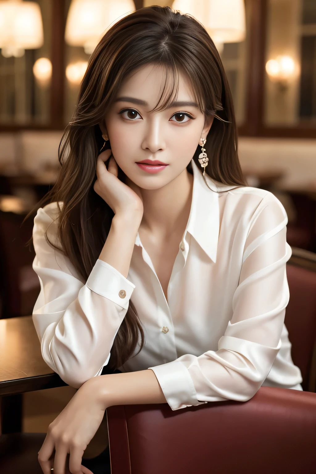 masterpiece, Highest quality, Realistic, Very detailed, Finer details, High resolution, 8k wallpaper, One beautiful woman, Wear an elegant white silk shirt, In a great restaurant, At night, Light brown messy hair, Perfect dynamic composition, Beautiful and beautiful eyes、Big earrings、Sit on a chair、