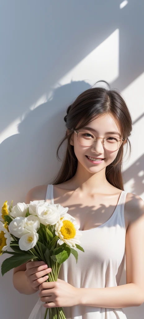 masterpiece, best quality, High school student,shirt,Thin stature,Wear round glasses,White background,happy,Smile,Smile,Hair accessories,Light,Sunlight,Lighting,Light and Shadow,(Extremely detailed CG unity 8k wallpaper), (best quality), (Best Illustration Award), (The best shadow), absurd, Realistic lighting, (abyss), Beautiful and delicate light, Leng Jun