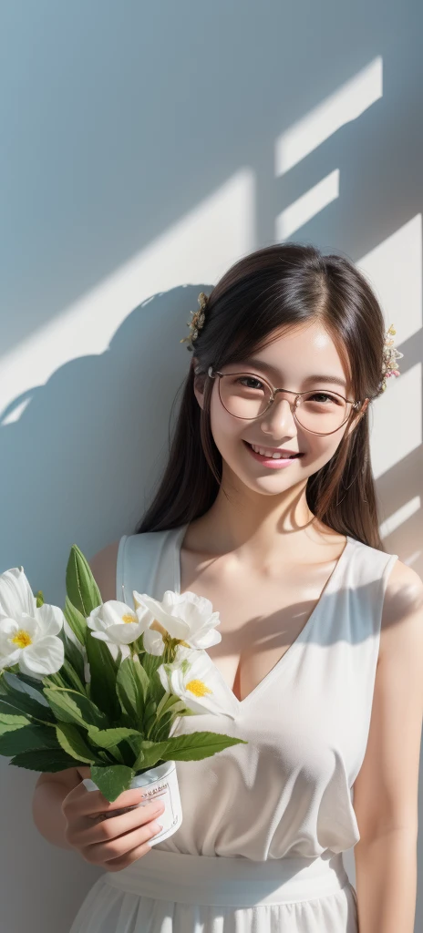 masterpiece, best quality, High school student，shirt，Thin stature，Wear round glasses，White background，happy，Smile，Smile，Hair accessories，Light，Sunlight，Lighting，Light and Shadow，(Extremely detailed CG unity 8k wallpaper), (best quality), (Best Illustration Award), (The best shadow), absurd, Realistic lighting, (abyss), Beautiful and delicate light, Leng Jun
