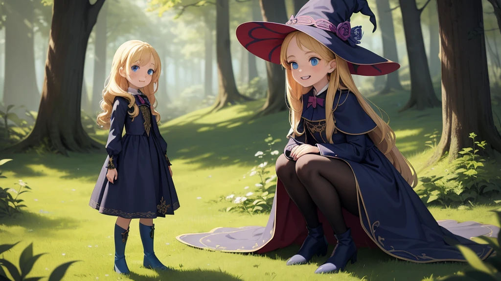 masterpiece, taller than,Very detailed, Absurd, witch, 8-year-old, girl,  alone, Blonde, Long Hair,  blue eyes, Blue Boots, Long sleeve,Have,in the forest, smile,Open your mouth,
