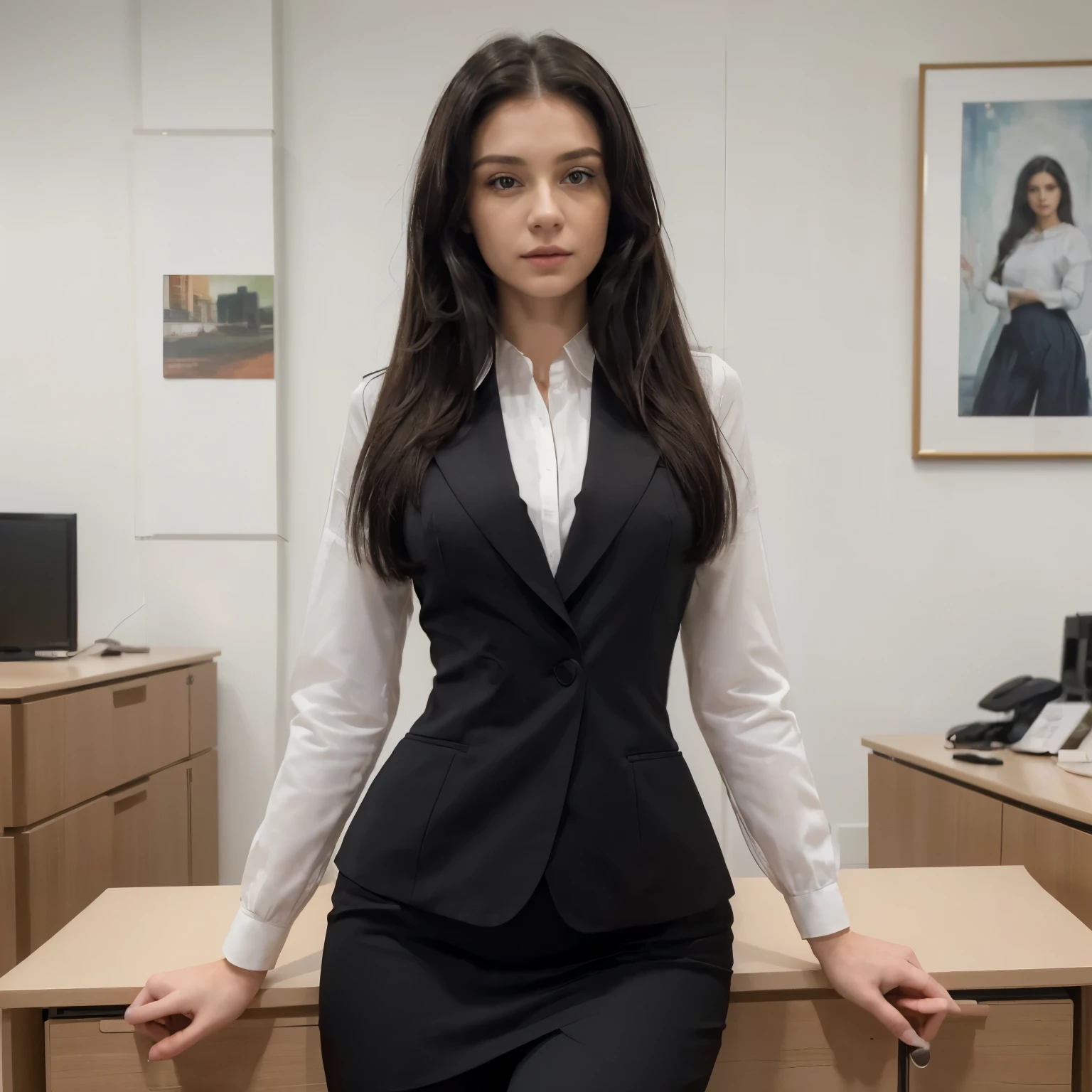 ((Top quality、8k、Masterpiece:1.3)), full body, Long thick legs, sharp focus:1.2, Beautiful woman with perfect body:1.4, wide hips, In the background is an office.，Well-organized desks., (Wearing a colorful dress suit with bright colors, office bright colors, Wide hips, Very detailed pale skin and face texture, long black hair, long hair up to mid-leg, delicate eyes, A 20-year-old woman.