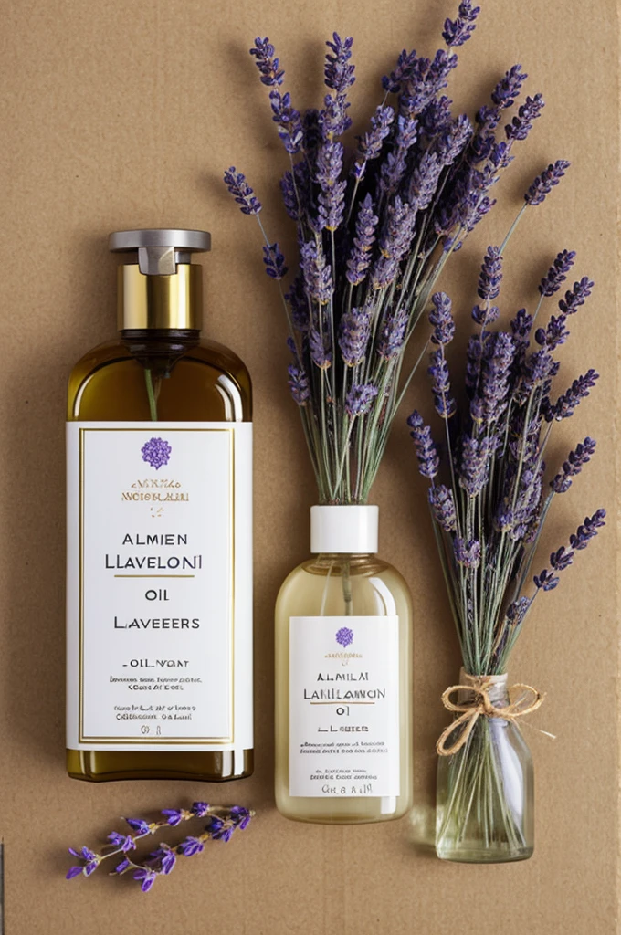 Almond milk body oil with dried lavender flowers with elegant packaging and product name in Spanish
