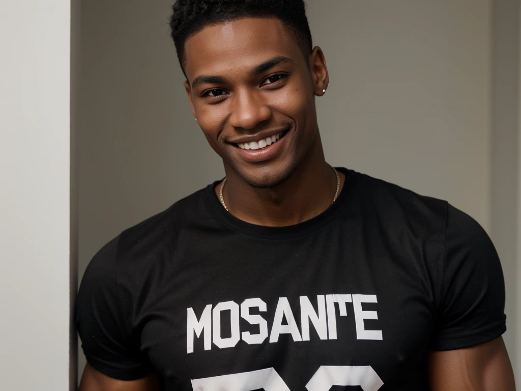 Young tall black young man, masculine gay look, t shirt, bust portrait, portrait photo, smiling, smiling, white teeth, muscular bust. Short close cropped black stubble.