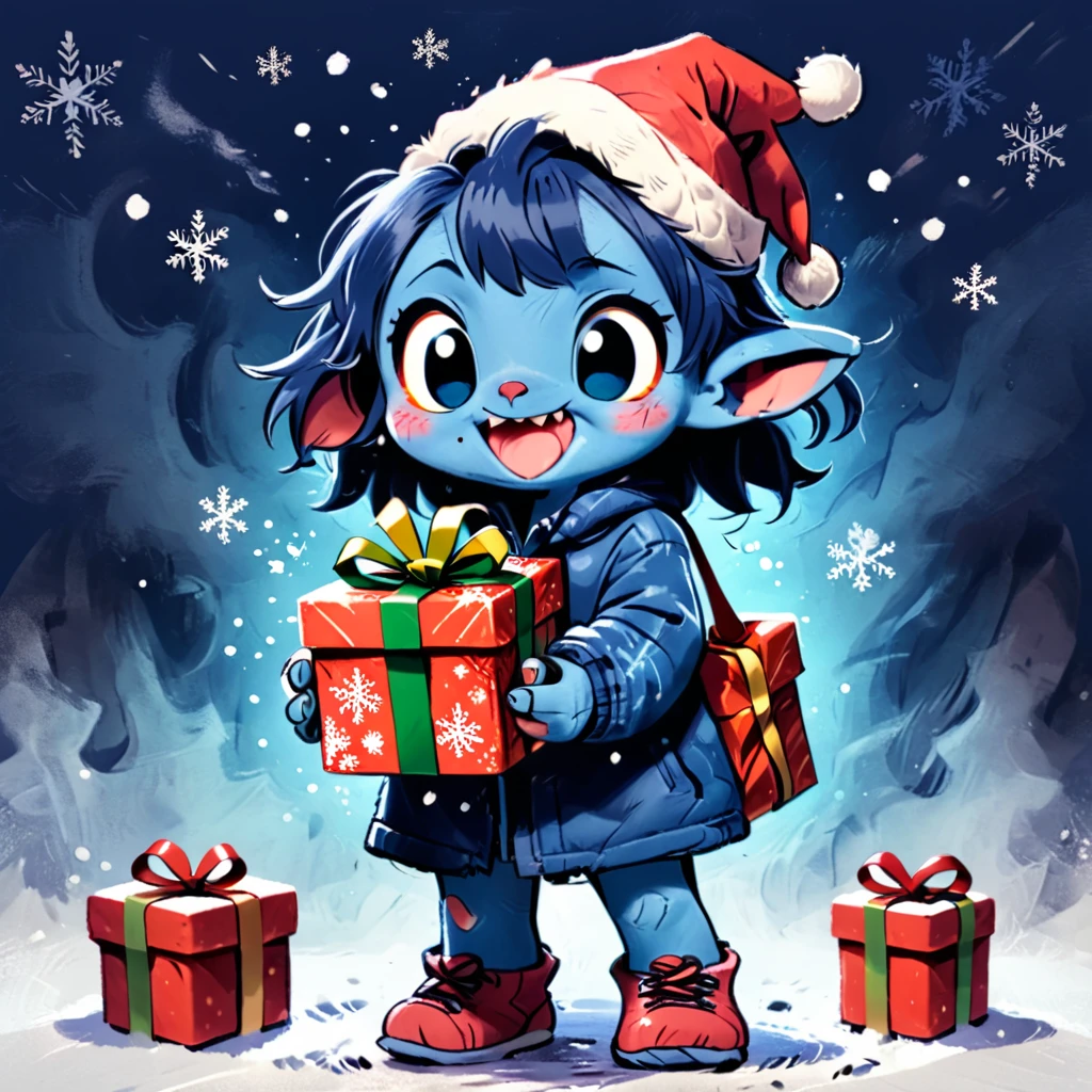 Stitch was holding a Christmas gift on the snow and smiling happily