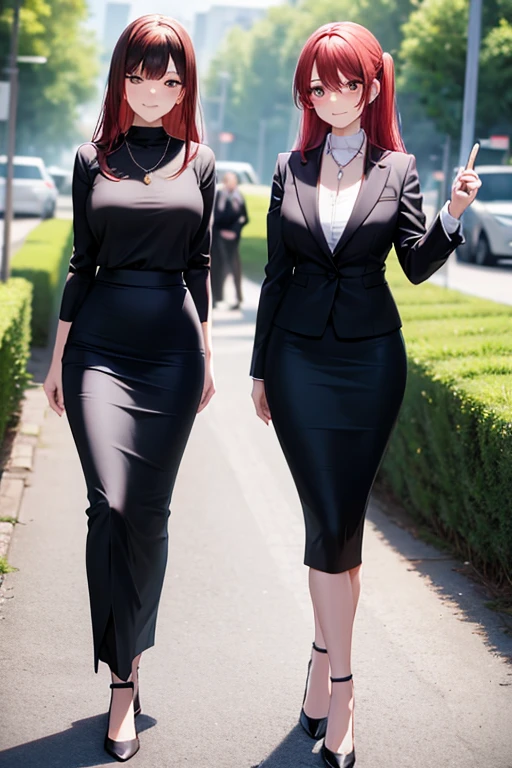 two business women, business suit, blouse, necklace, tight midi pencil skirt black, long length pencil skirt, long hair, looking at viewer, full body, walking, smile, blush, garden, summer, leaves