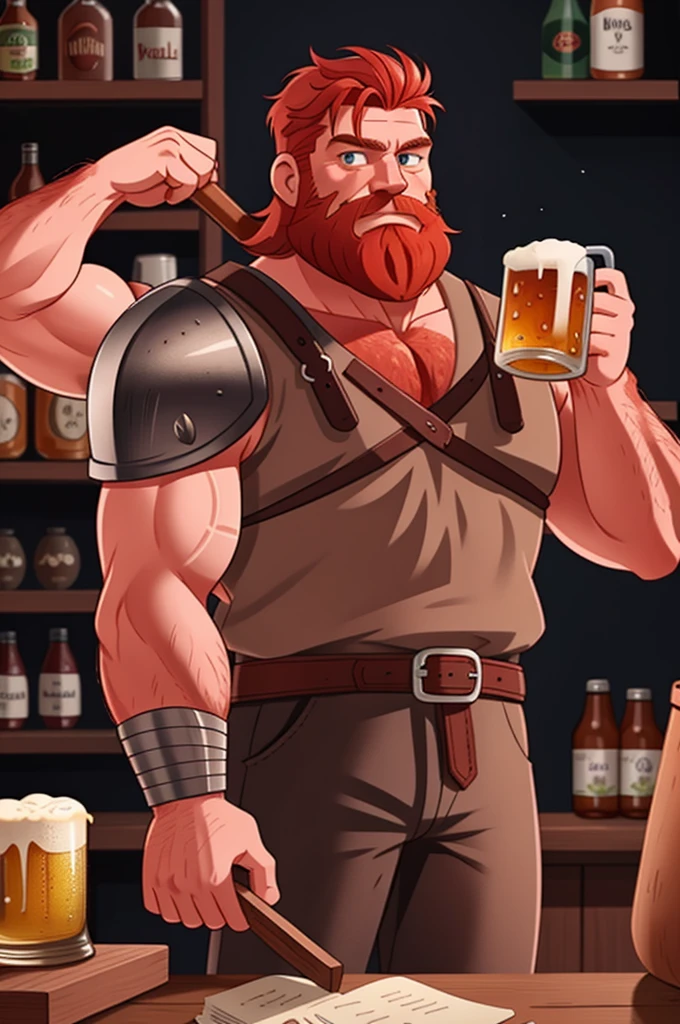 Ingólfr Einarr is a 40-year-old red-haired Viking man with a full beard, outgoing, muscular and very attractive, who wears his imposing medieval armor. hyper detailed and super realistic. cartoon style. Ingólfr Einarr holds up a mug of beer and extends his arm