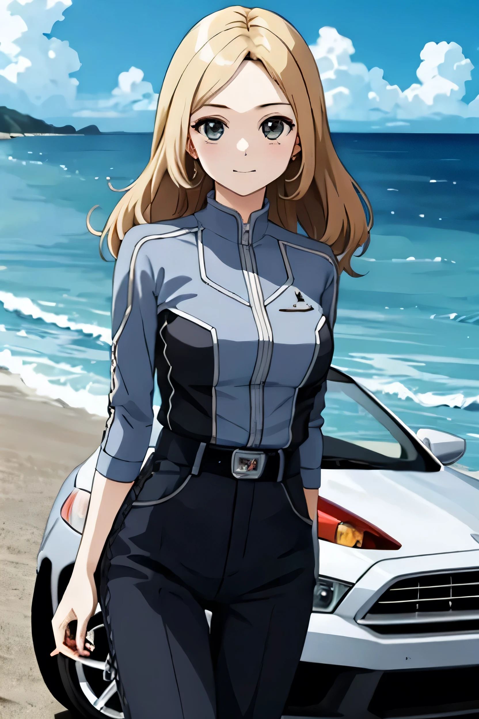 masterpiece, Highest quality, alone,One girl,View your viewers,Outdoor, Cowboy Shot,Ocean,Anime Style, Ann, car, Security guard car, Pointer