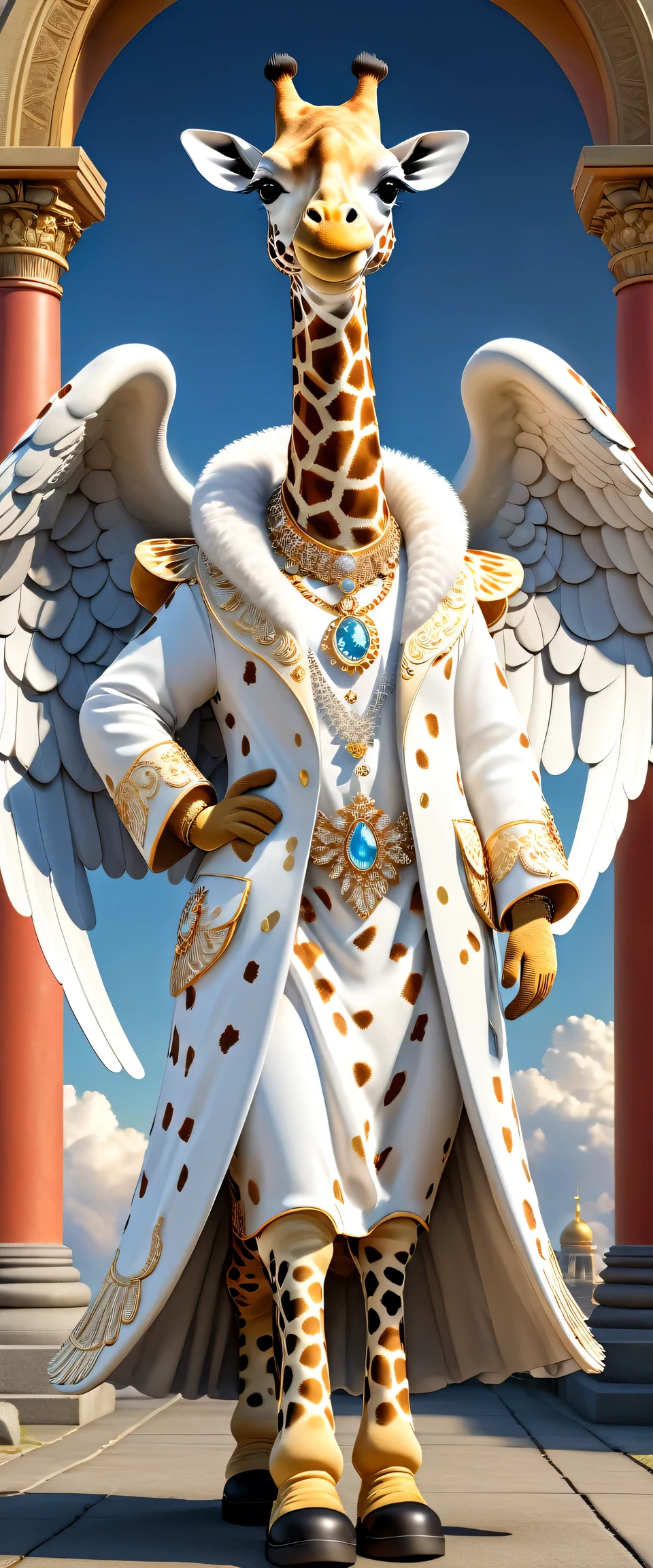 photorealistic portrait of Dressed animals-a ((fat)) ((giraffe)) angel,(furry), (elegant pose:1.5), (hands on hips:1.5),(smile:1.5),high quality,(angel wings),(lovely) ,intricate details, Wearing angel clothes , (angel's ring above head), highly detailed ((angel wings)) ,highly detailed decorations of clothes, angel boots , (happy), soft lighting,(full body image:2.0),holy temple background,clouds,score_9, score_8_up, score_7_up, score_6_up, score_5_up, score_4_up,