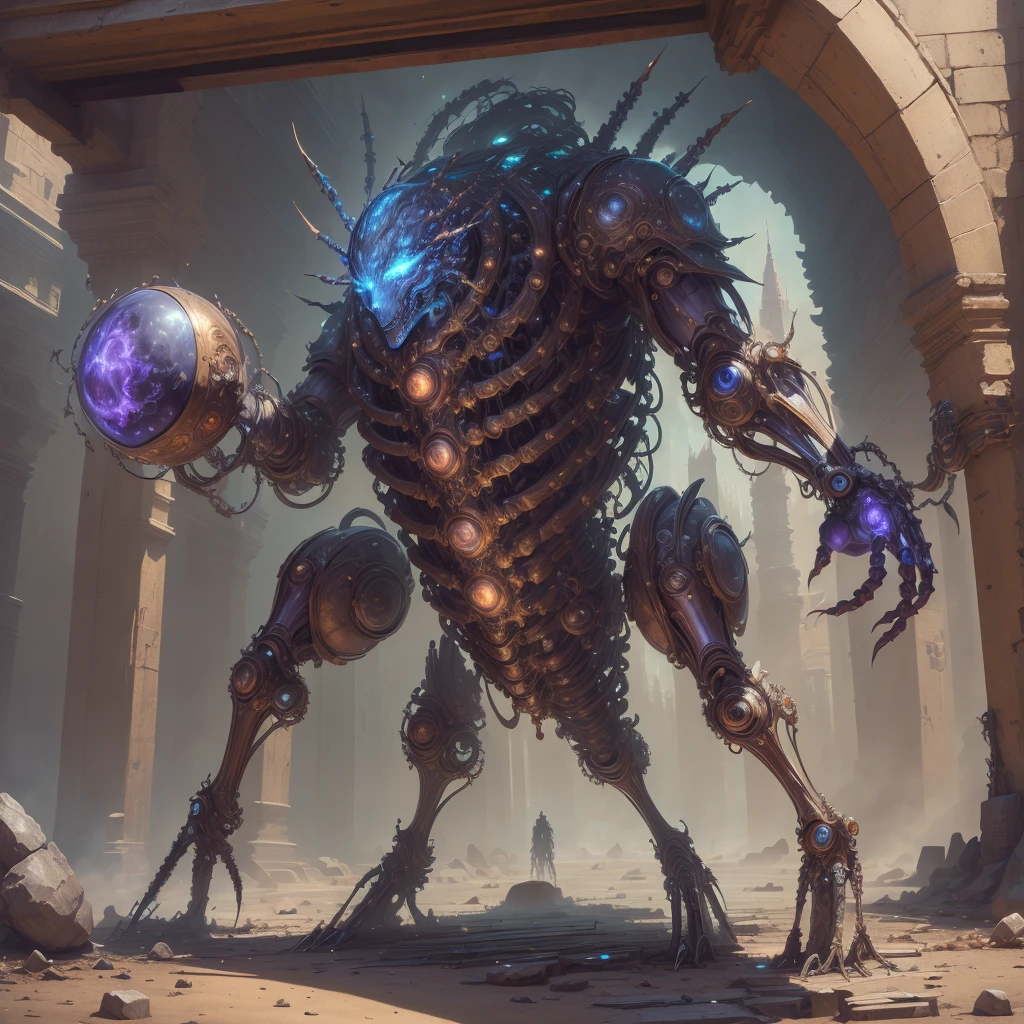 best quality, masterpiece, ultra high res, (photo realistic:1.4),  surrealism, dream-like,V0id3nergy,
a fantasy creature, Warforged, mechanical body, integrated weapons, durable armor, clockwork enhancements, steam-powered strength,
 