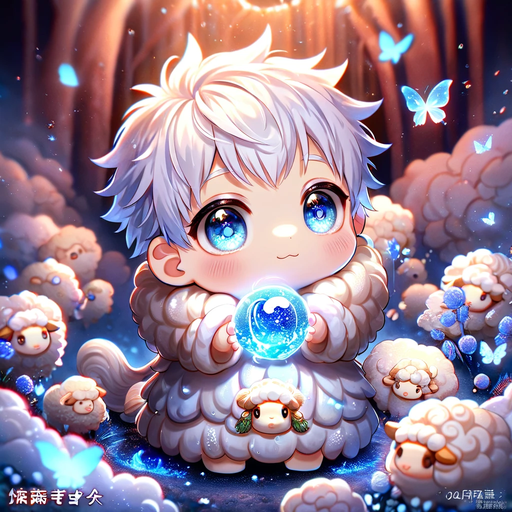 absurdres, highres, ultra detailed, HDR, master piece, best quality, extremely detailed, Gojou Satoru chibi, white hair, expressive blue eyes, white eyelashes, Jujutsu Kaisen, cute sheep, cute, small, solo, magical, fantasy, magic, blue forest, glittering, blue butterflies, blue petals, blue flowers