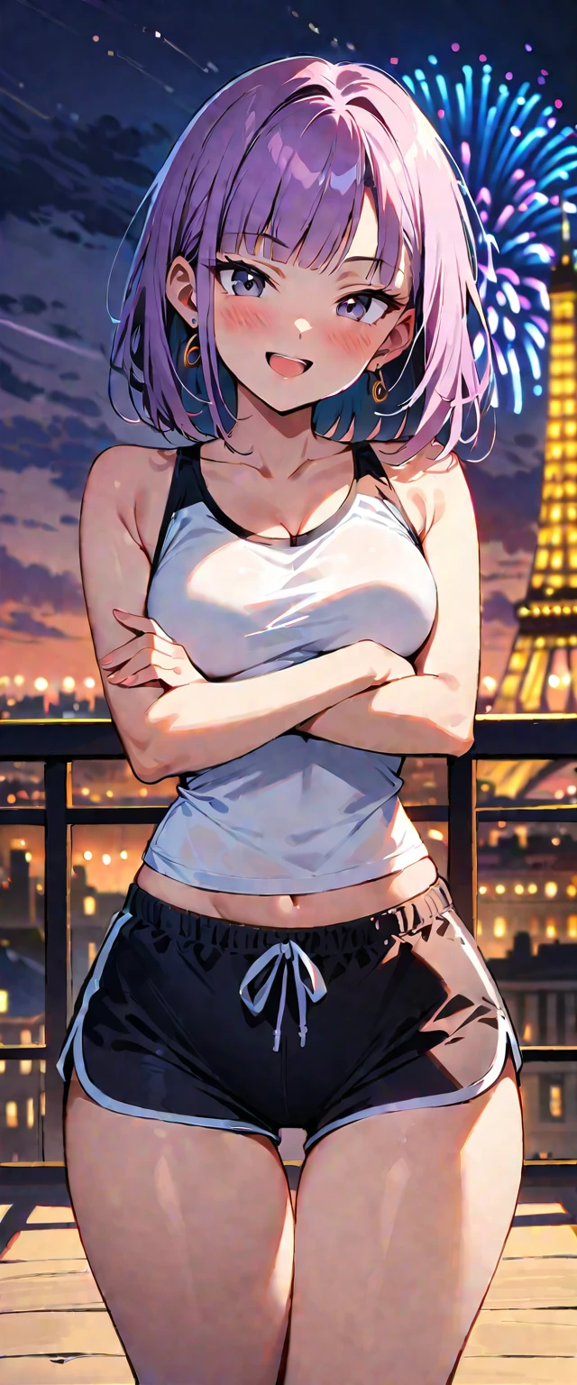 (masterpiece, best quality:1.2), solo, Android 18 from Dragon Ball, ((paste crop sport bra)), (dolphin shorts, thigh gap), medium breasts, short purple hair loose, ((black eyes)), earrings on earlobes, slender feminine figure, narrow waistline, skinny body, looking at viewer, blush, crossed arms, standing, the Eiffel Tower, outside, natural lighting and shadows, magnificent view, blur background, 4K, open mouth, smile, fireworks, sky, blunt bangs,
