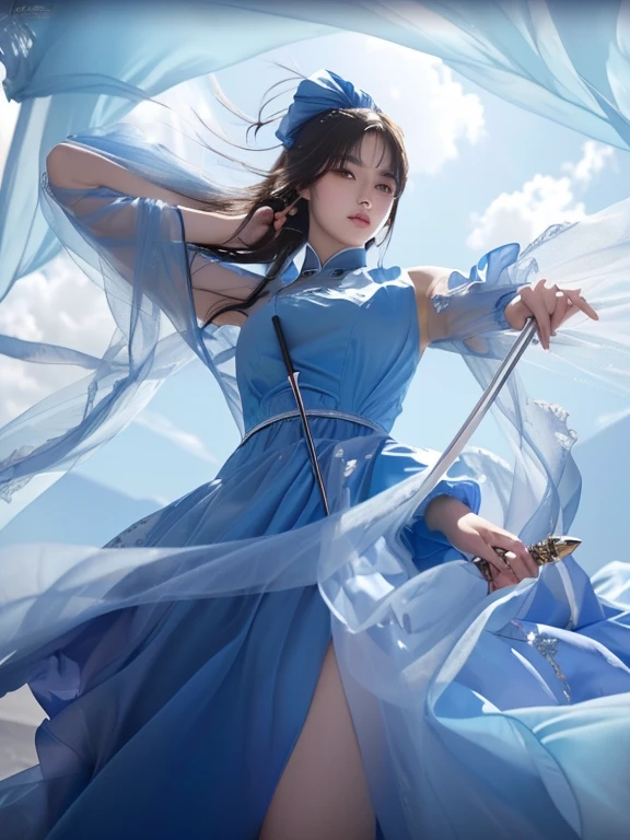 anime girl with a sword and a blue dress in a blue sky, artgerm lau, extremely detailed, beutiful girl, beautiful detailed, (masterpiece, top quality, best quality, official art, beauty:1.2),（The most detailed and clear contour and facial features：2.0，contour：2.0）