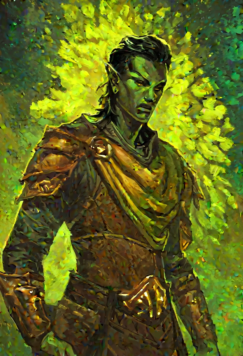 digitalpainting, pictorial \(styled\), male rogue from the Elder Scrolls series, trunk, windows background, short dark hair, golden eye, Light green skin, brown leather armor, without shoulder pad, Dynamic shading, expressive brushstrokes, oil on canvas, extremely detaild, light and dark colors
