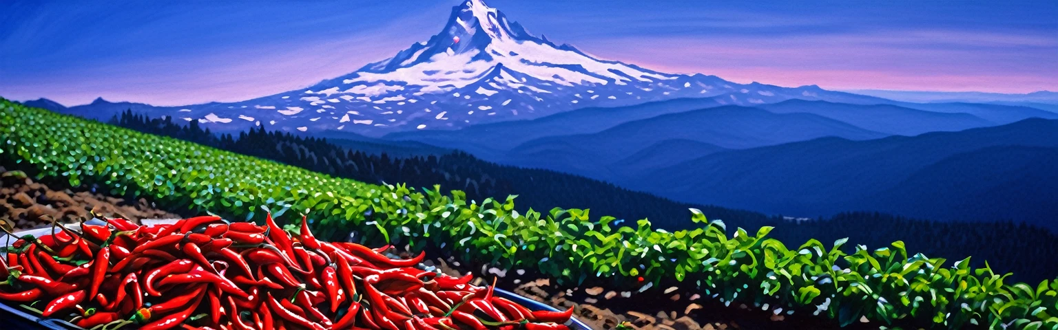 Realistic painting,Very realistic,Extreme Detail,Breathtakingly realistic,High contrast realism,High Saturation Realism,Vibrant colors, Chilis, Red peppers, basil, mt hood,Dramatic lighting,Fascinating landscape,Persuasive storytelling,Atmospheric scenery,Captivating visuals,Intricate details,Strong emotions,Heavenly Beauty,A dreamlike world