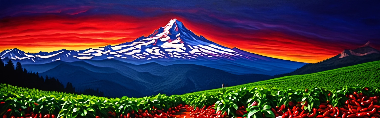 Realistic painting,Very realistic,Extreme Detail,Breathtakingly realistic,High contrast realism,High Saturation Realism,Vibrant colors, Chilis, Red peppers, basil, mt hood,Dramatic lighting,Fascinating landscape,Persuasive storytelling,Atmospheric scenery,Captivating visuals,Intricate details,Strong emotions,Heavenly Beauty,A dreamlike world