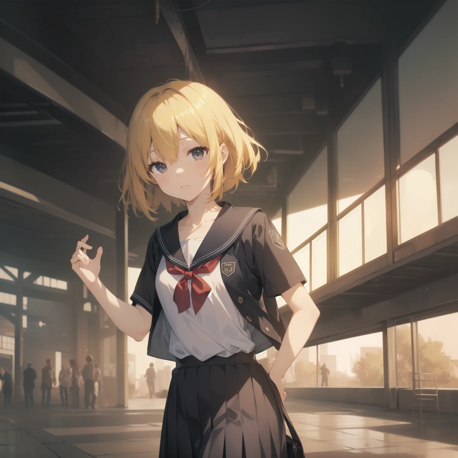 ultra-absurdres-Top quality by artist God, ultra-detailed, high resolution, anime moe artstyle, best anime 8k konachan wallpaper, pixiv contest winner, pool:2810, perfect anatomy,break, 1girl, (Please draw a girl walking sleepily to school alone. )break,(Solo,little female, 13-year-old:1.3),Full limbs, complete fingers,a junior high school student, (very short hair), short cut, flat chest, , small butt, small black eyes, beautiful detailed eyes, well-proportioned iris and pupils, expressive eyes, highres detailed hair, soft expression, salor school_uniform, sailor collar, serahuku, bow, pleated skirt,(Detailed Lighting), (Detailed background), in the School commute route. break,super detailed skin, Best cinematic lighting powered by famous artist, 8k,beauty illustration,photoshop_(medium),very aesthetic,break,((artist:yuuji_(and) )), artist:clamp ,artist:carnelian ,artist:kantoku ,