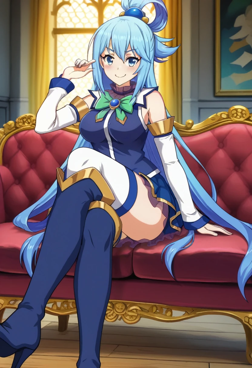 score_9, score_8_up, score_7_up, score_6_up, BREAK source_anime,aqua /(konosuba/), long hair, blue eyes, hair ornament, very long hair, blue hair, hair rings, single hair ring, blue skirt, blue shirt, thighhighs, bare shoulders, detached sleeves, white thighhighs, green bow, blue boots BREAK 1girl, sitting on a red couch, crossed-legs, detailed eyes, smile, anime screencap, cowboy shot, inside a mansion